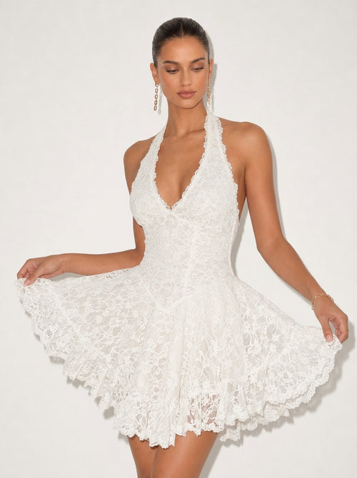 Zephrina Juliette lace halter mini dress in white