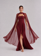 Zephrina Violette cape-sleeve chiffon maxi dress in burgundy