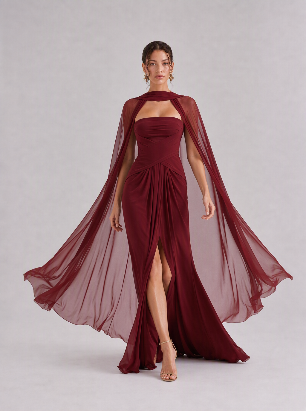Zephrina Violette cape-sleeve chiffon maxi dress in burgundy