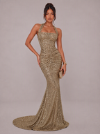 Zephrina Odelisse ruched sequin maxi dress in champagne gold