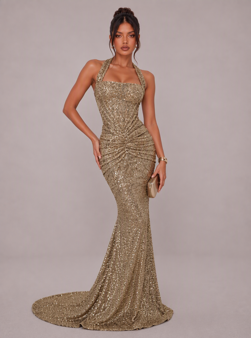Zephrina Odelisse ruched sequin maxi dress in champagne gold