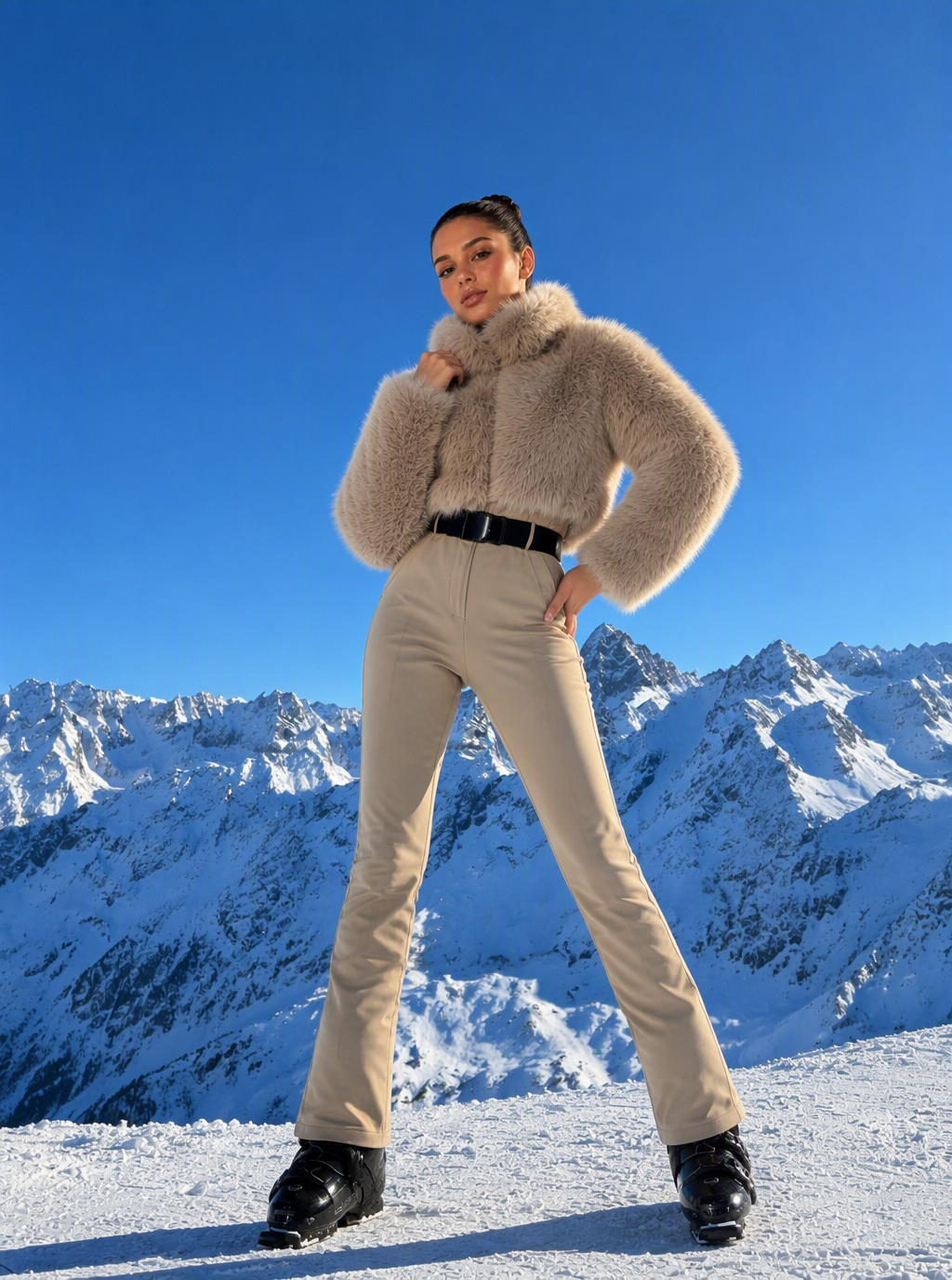 Zephrina Fenella plush-bodice flared one-piece ski suit in beige