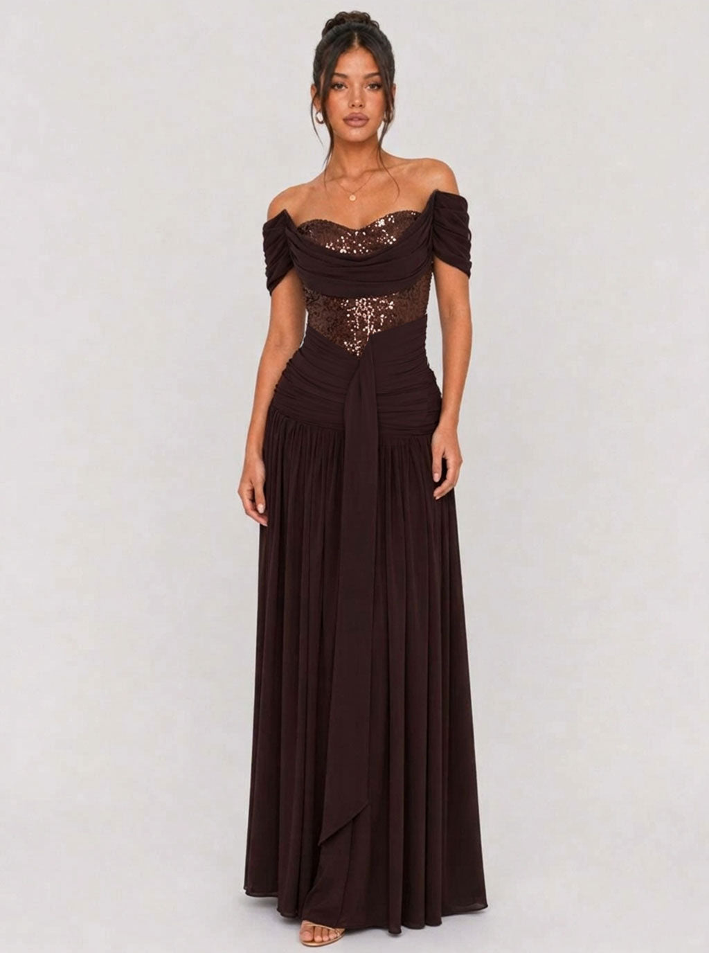Zephrina Mariette sequin lace maxi dress in brown