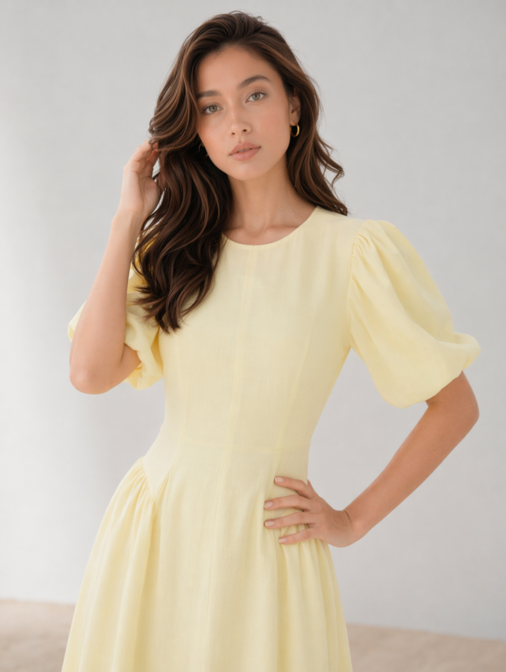 Puff Sleeve Linen Blend Midi Dress