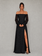 Zephrina Aureliane off-shoulder mesh slit maxi dress in black