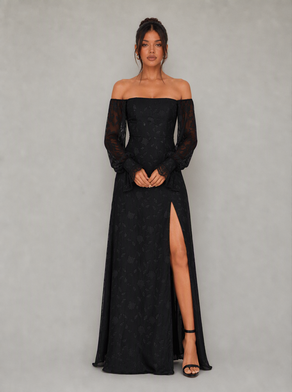 Zephrina Aureliane off-shoulder mesh slit maxi dress in black