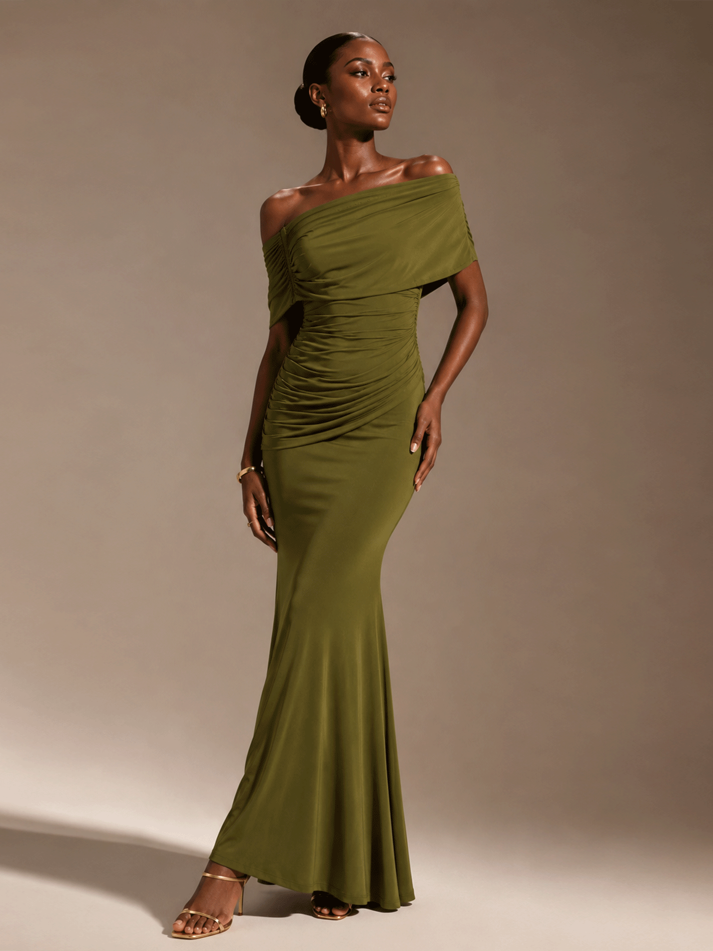 Off-Shoulder Ruched Mermaid Maxi Dress