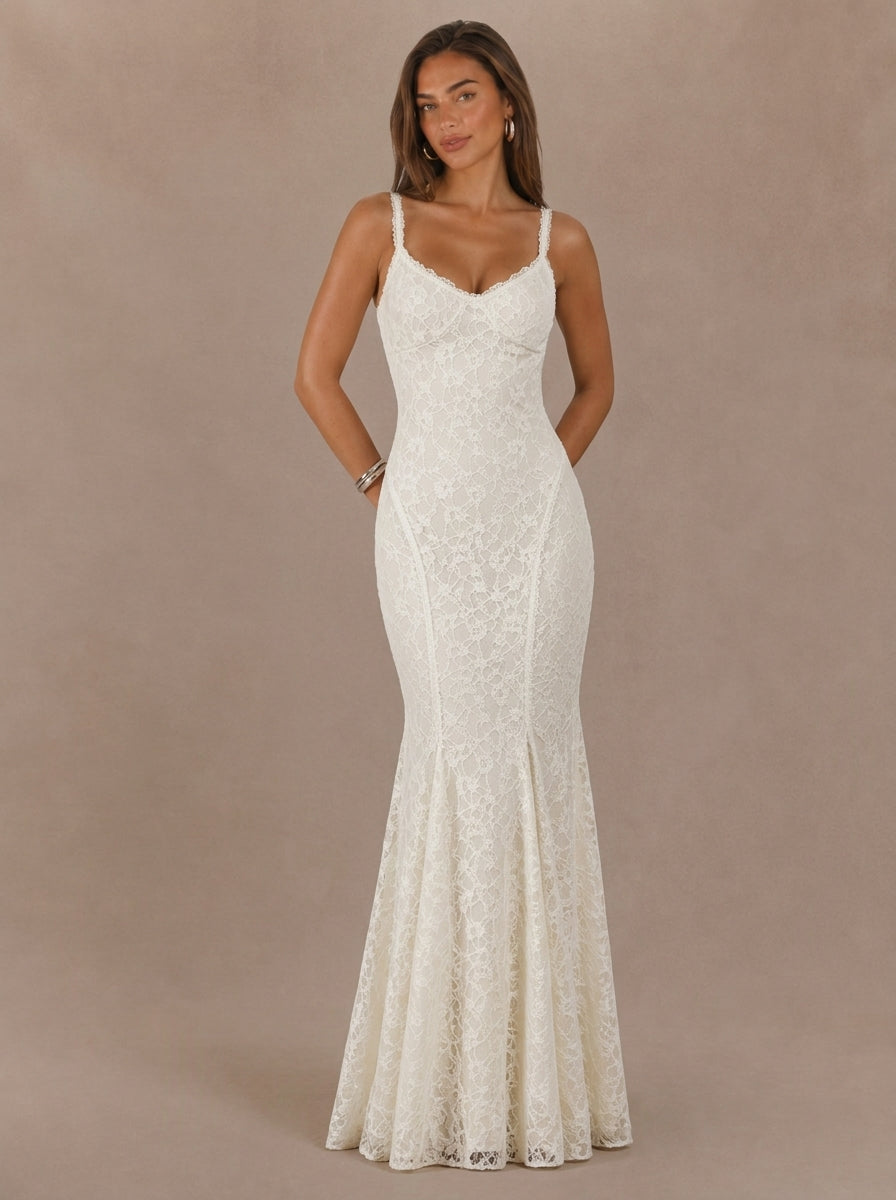 Zephrina Delphine lace-up back lace maxi dress in white