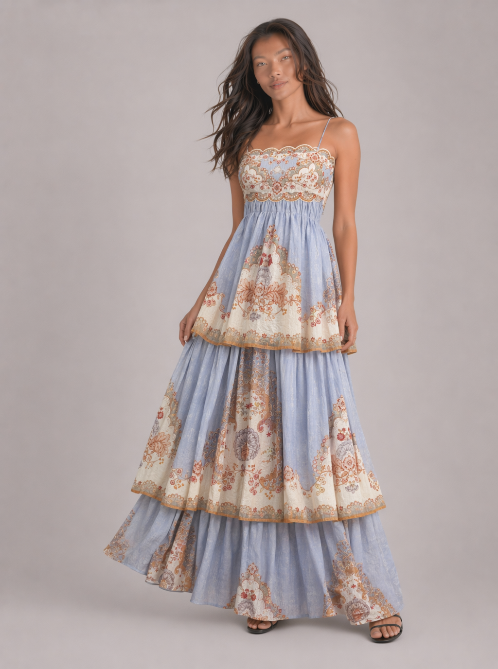 Zephrina Romilly tiered border-print maxi dress in blue