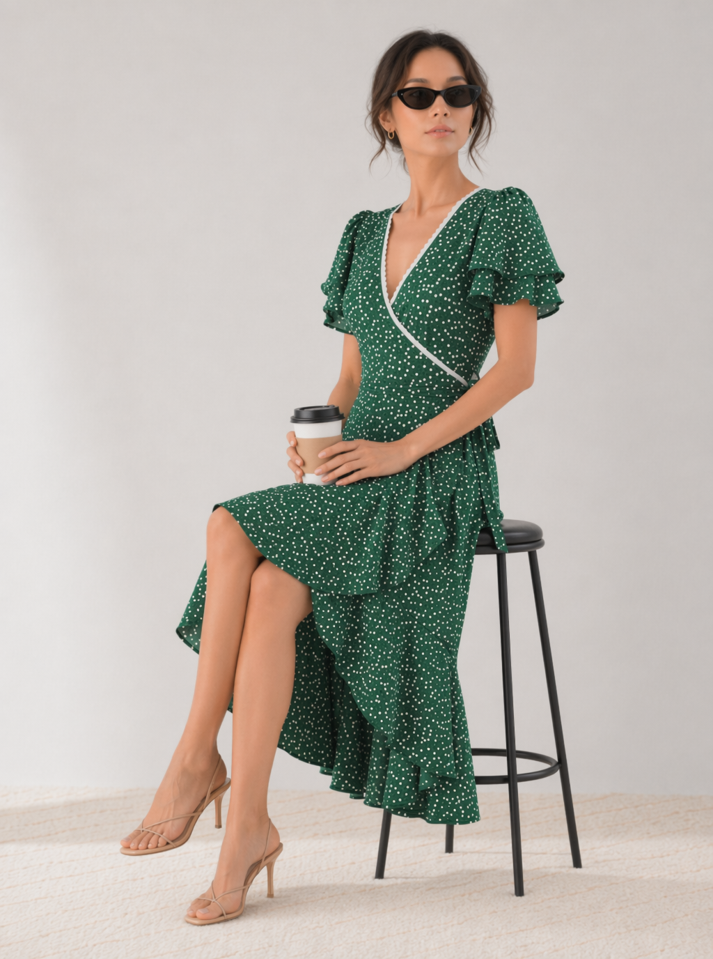 Zephrina Fiora polka dot ruffle midi dress in green