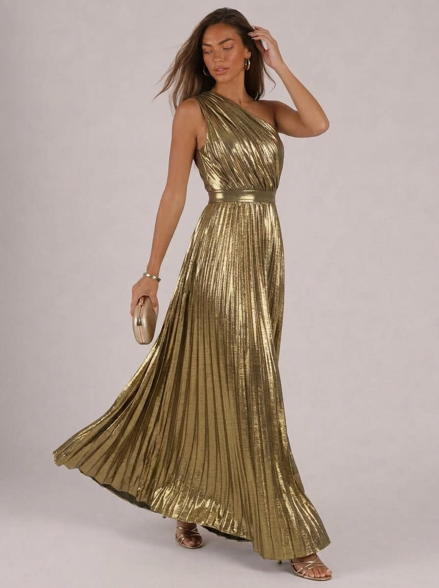 Zephrina Celandra metallic pleated maxi dress
