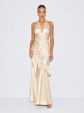 Zephrina Oriana shell-draped satin-look maxi dress in champagne gold