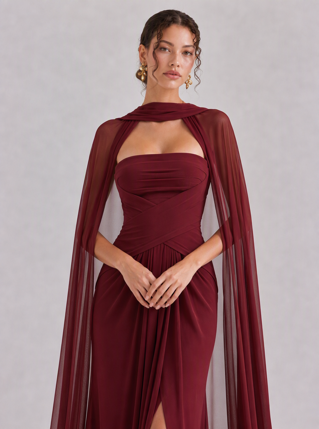 Zephrina Violette cape-sleeve chiffon maxi dress in burgundy