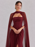 Zephrina Violette cape-sleeve chiffon maxi dress in burgundy