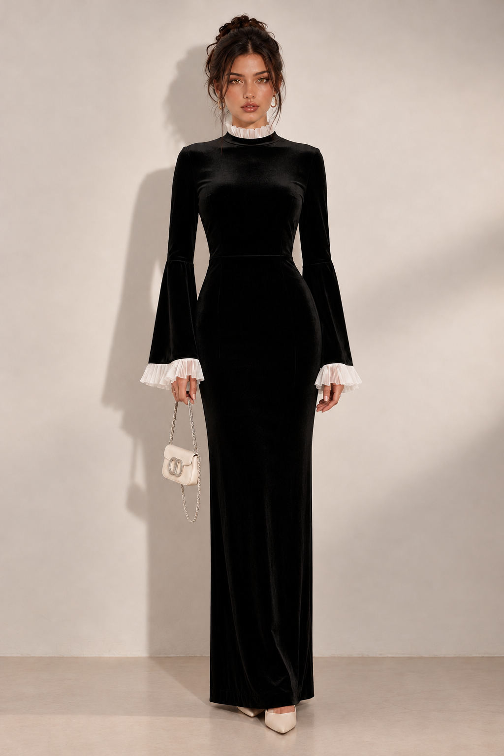 Zephrina Marcellina contrast-cuff velvet maxi dress in black