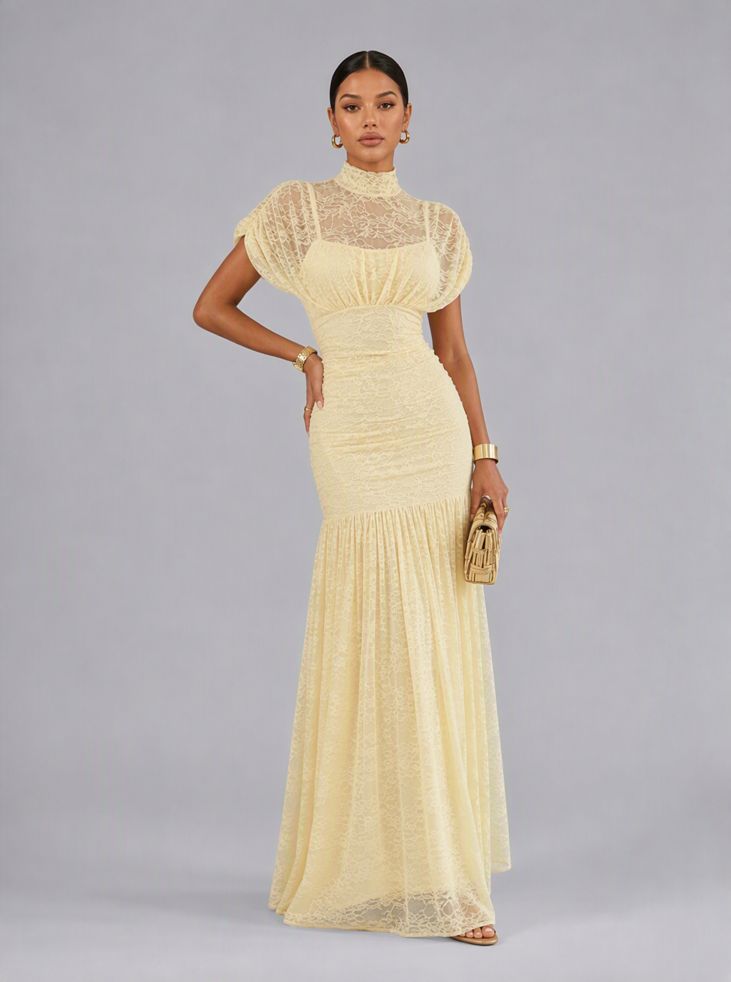 Zephrina Noemie lace yoke maxi dress in yellow
