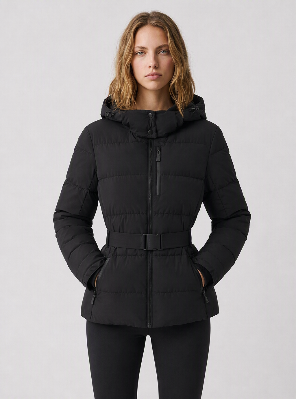 Zephrina Ailsa belted hooded quilted jacket in black and white geometric check