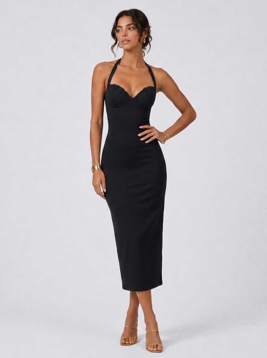 Zephrina Sabine lace halter midi dress in black