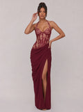Zephrina Cressida lace corset slit maxi dress in burgundy