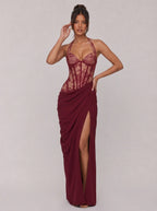 Zephrina Cressida lace corset slit maxi dress in burgundy