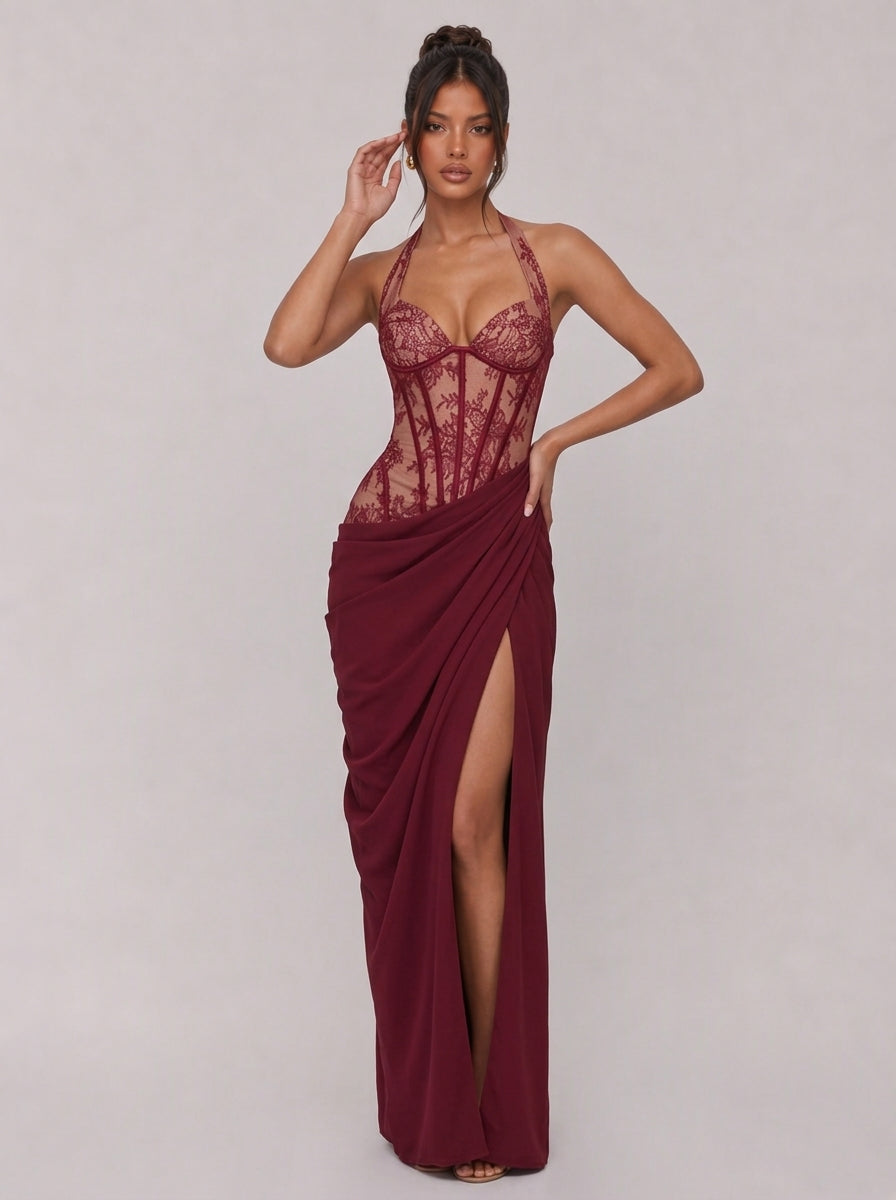 Zephrina Cressida lace corset slit maxi dress in burgundy