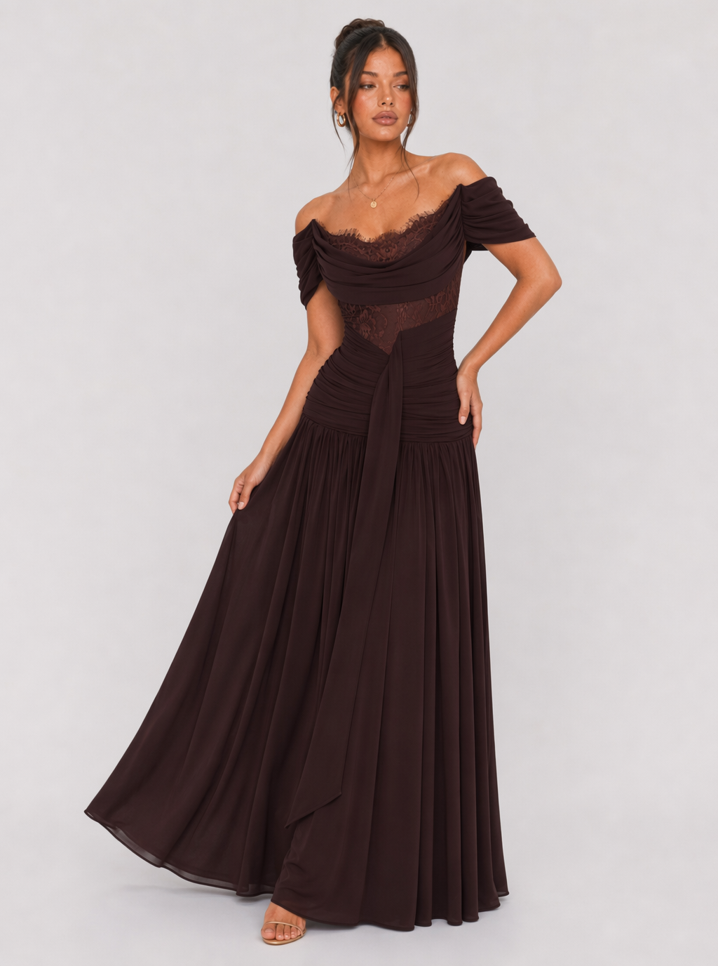 Zephrina Thessaly lace off-shoulder maxi dress in brown