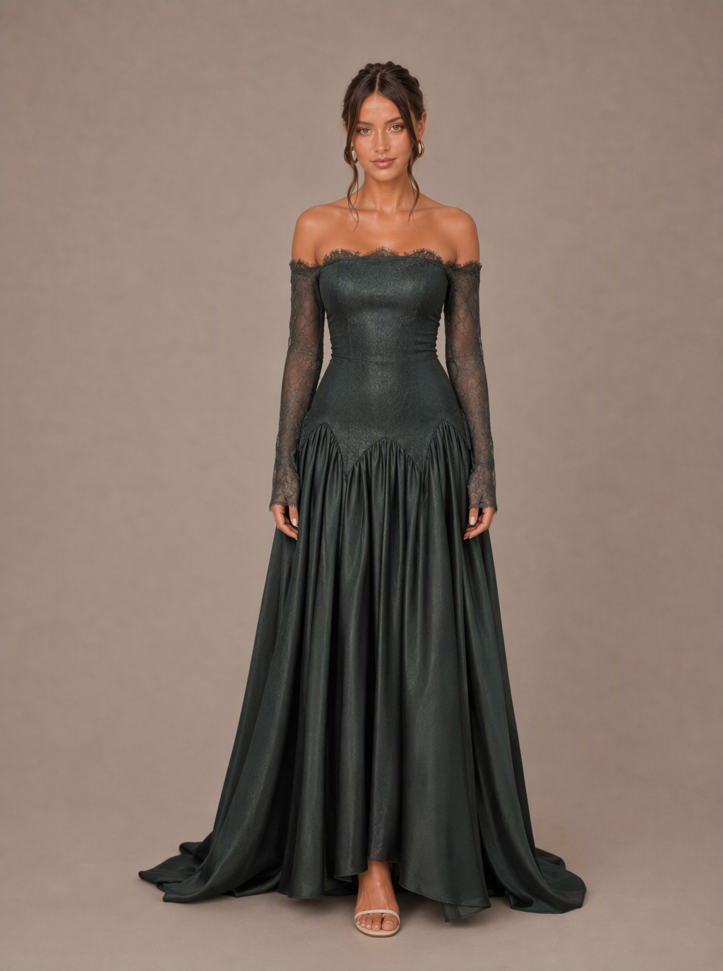 Zephrina Lavinie off-shoulder lace-sleeve velvet maxi dress in dark green