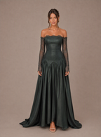 Zephrina Lavinie off-shoulder lace-sleeve velvet maxi dress in dark green