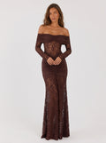 Zephrina Lenora off-shoulder lace maxi dress in brown