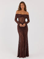 Zephrina Lenora off-shoulder lace maxi dress in brown