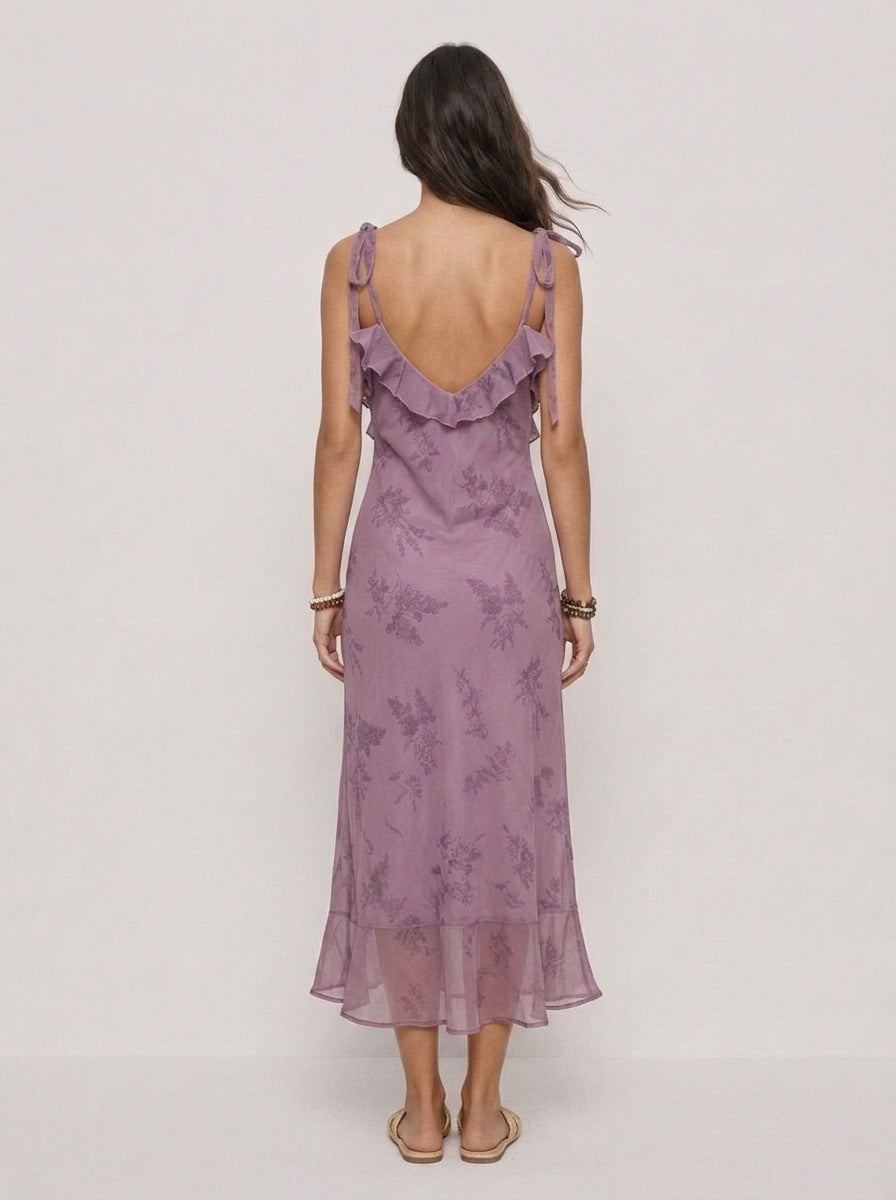 Zephrina Elowen ruffle floral midi dress in purple