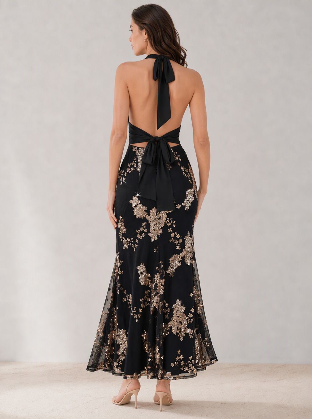Zephrina Celestine sequin floral halter maxi dress in black with floral embellishment