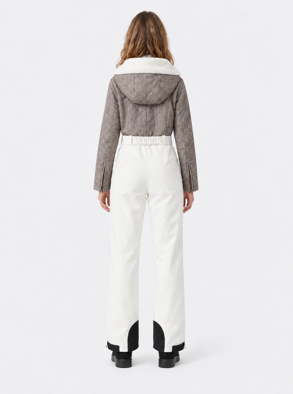 Zephrina Zosia textured contrast one-piece ski suit with a light brown bodice and white legs