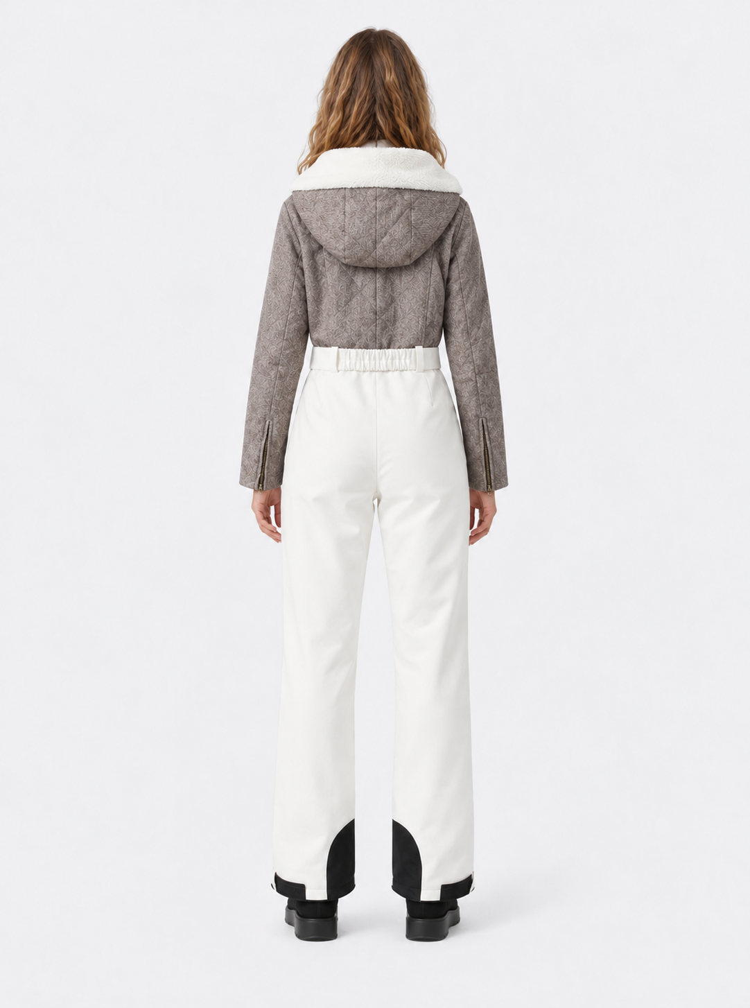 Zephrina Zosia textured contrast one-piece ski suit with a light brown bodice and white legs