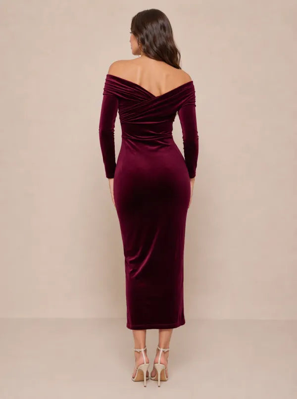 Zephrina Euphemia off-shoulder velvet slit midi dress in burgundy