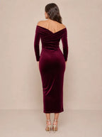 Zephrina Euphemia off-shoulder velvet slit midi dress in burgundy