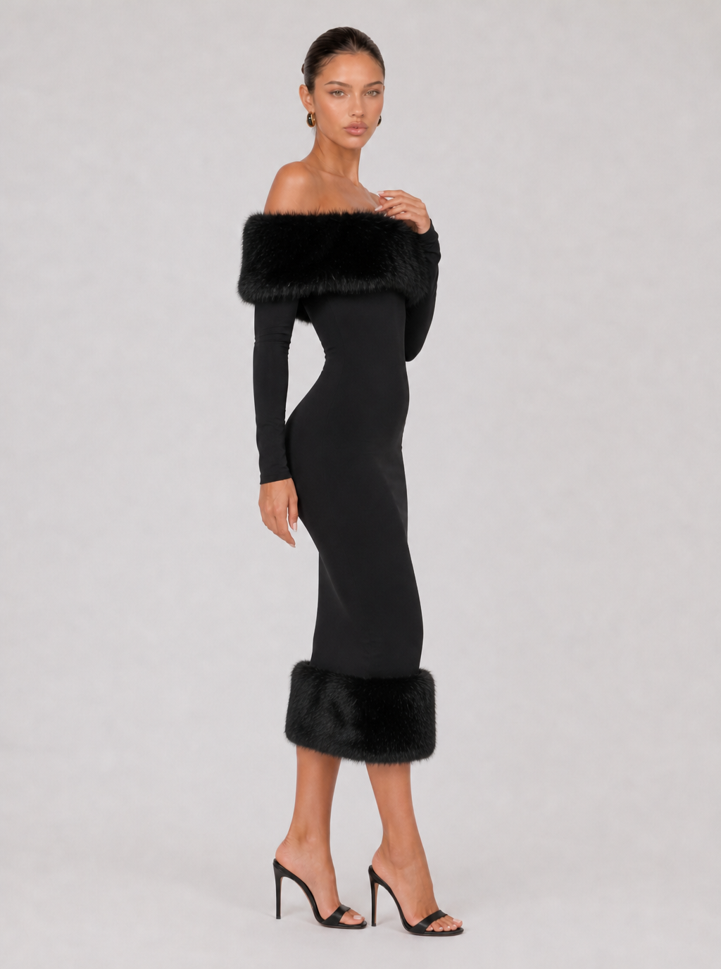 Zephrina Isabeau faux-fur trim midi dress in black
