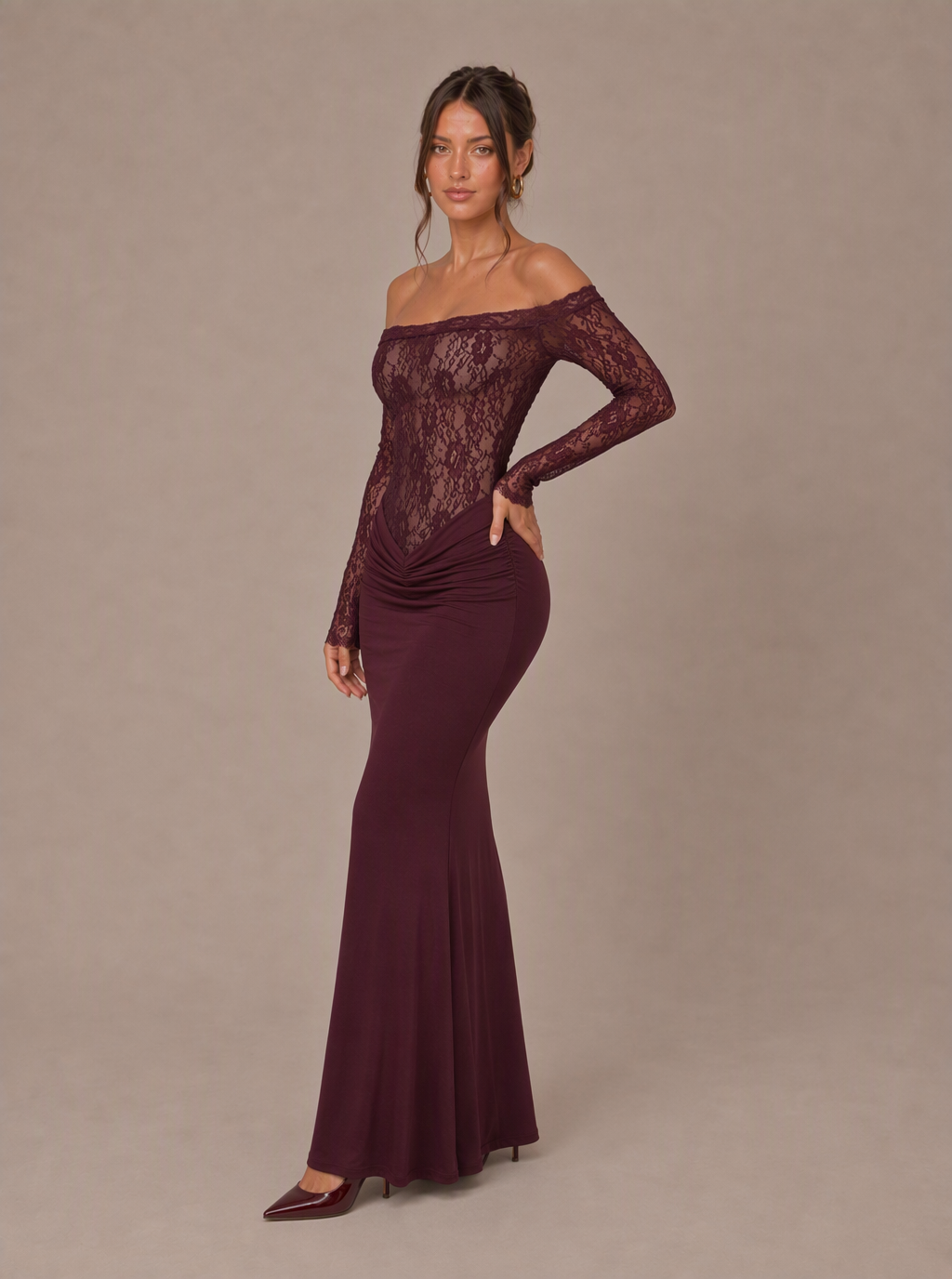 Zephrina Annelore off-shoulder lace-sleeve slit maxi dress