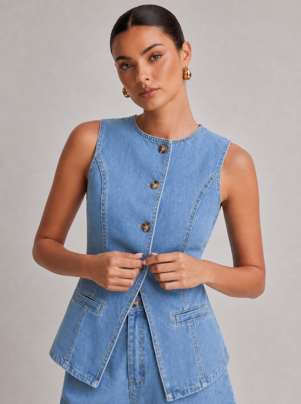 Wash Embossed Denim Vest & High Waist Short Two Piece Set