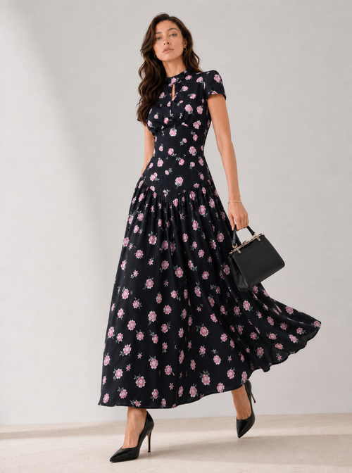 Zephrina floral drop-waist maxi dress with short sleeves