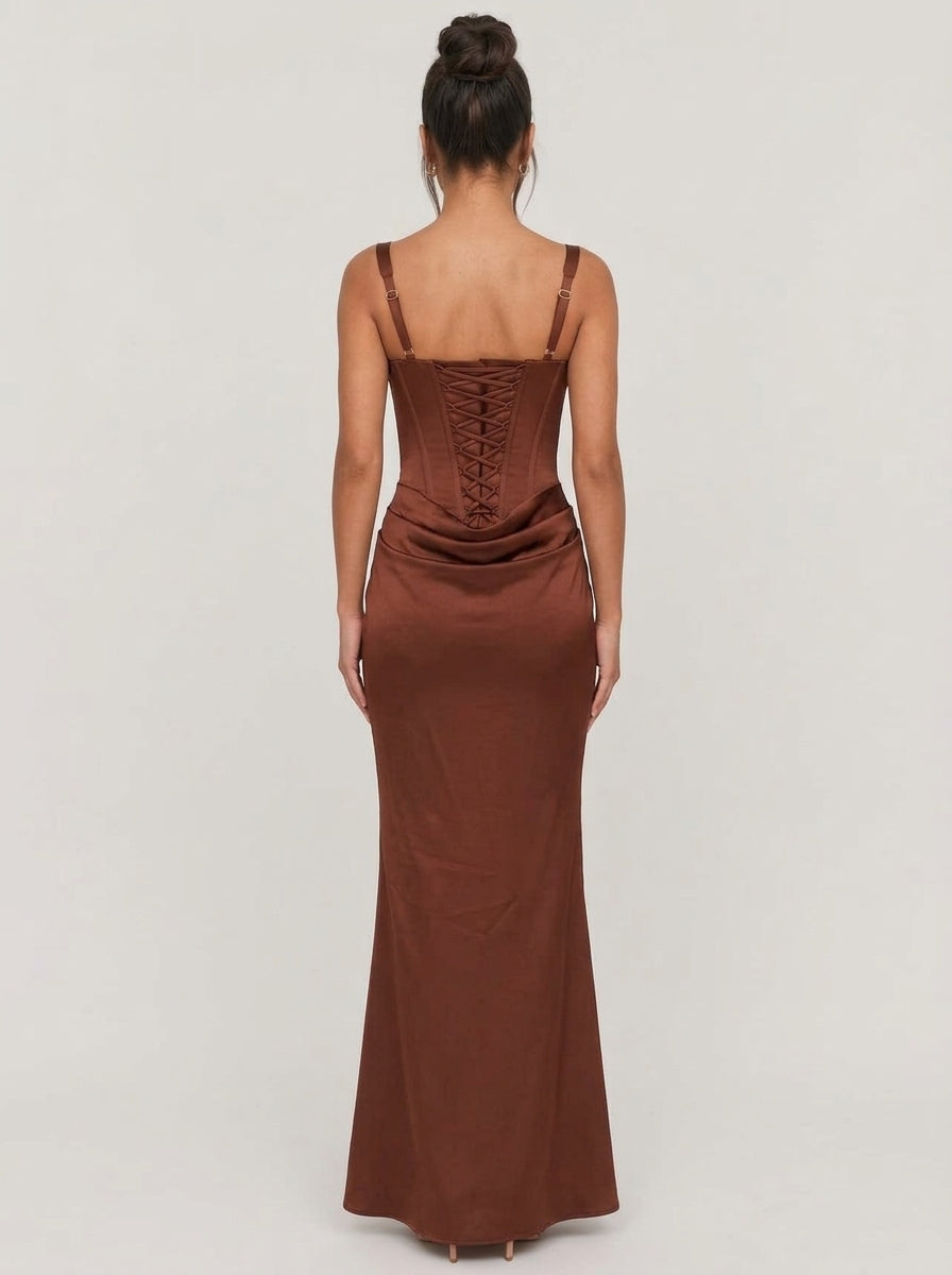Zephrina Renata draped satin maxi dress in brown