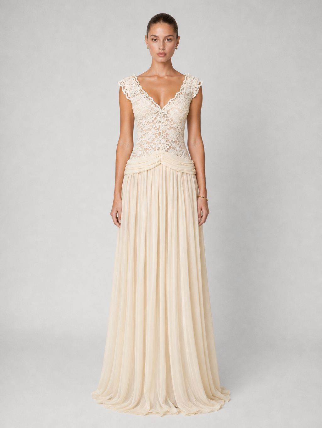 Apricot Floral Lace V-neck Maxi Dress