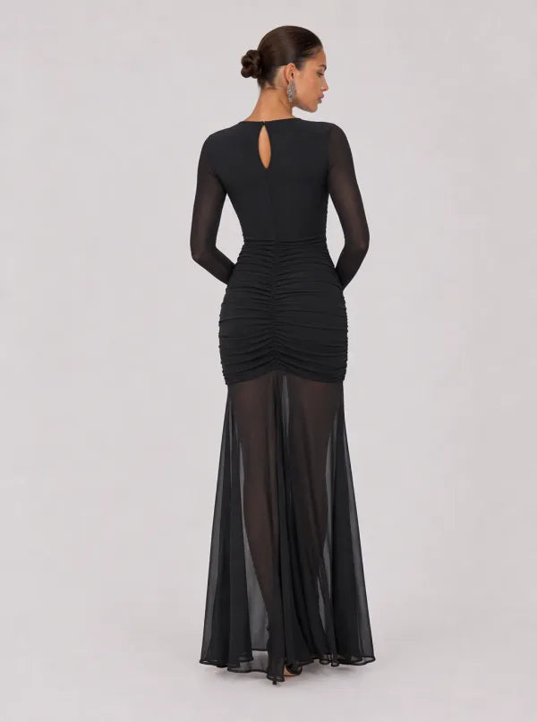 Zephrina Gwendolyn ruched mesh slit maxi dress in black