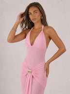 Zephrina Vespera halter ruched maxi dress in pink