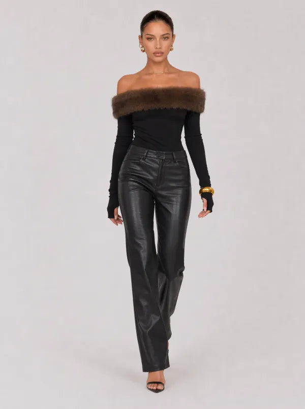 Zephrina Leonora faux-fur off-shoulder knit top in black