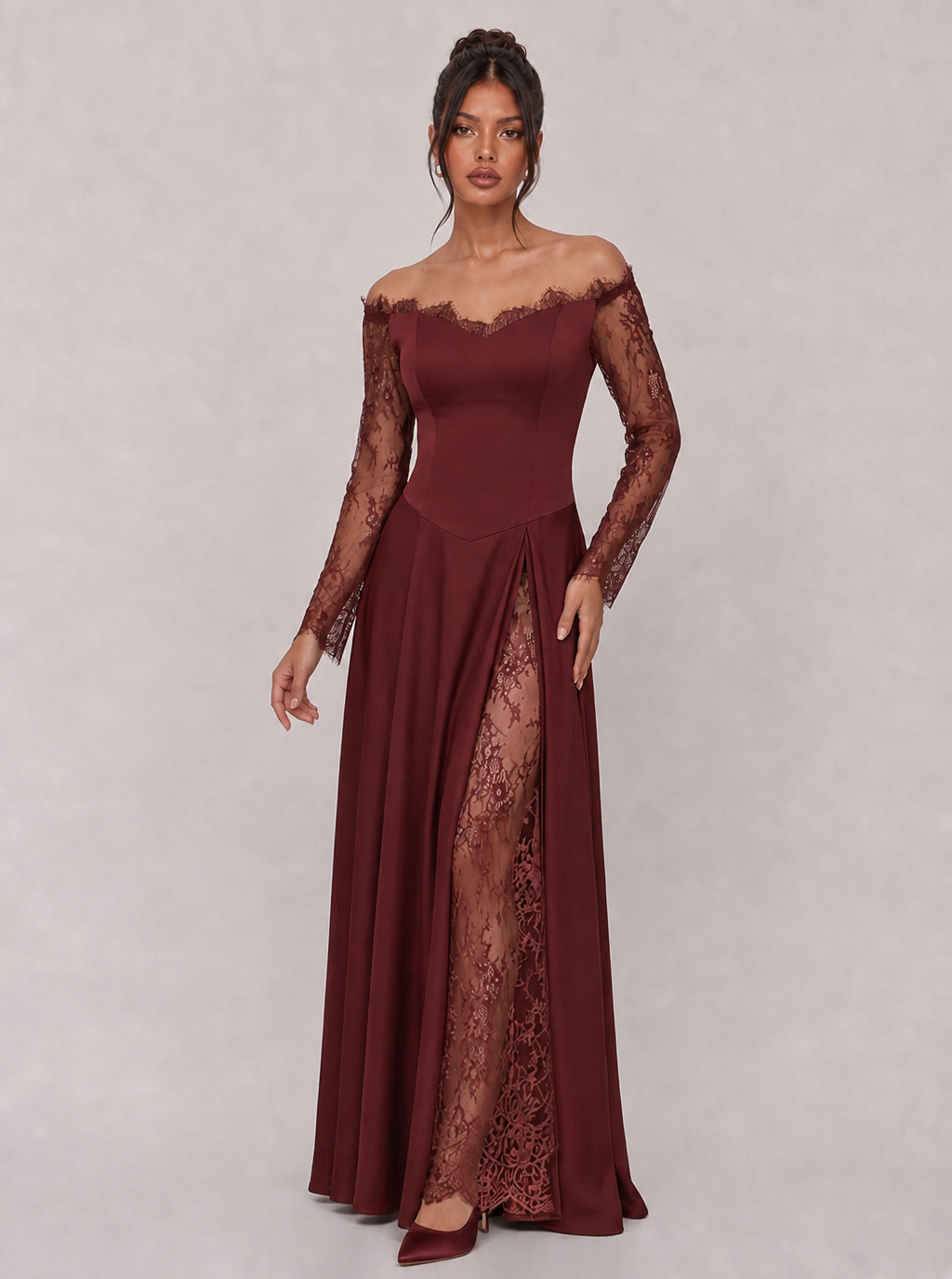 Zephrina Hestelle lace slit maxi dress in burgundy