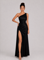Zephrina Donatella one-shoulder sequin slit maxi dress in black