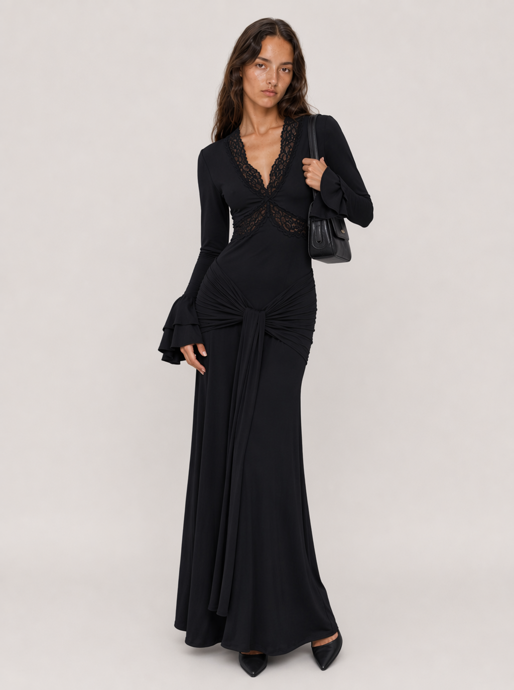 Zephrina lace-trim long-sleeve maxi dress with front drape