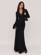 Zephrina lace-trim long-sleeve maxi dress with front drape