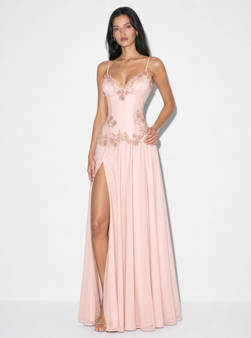 Zephrina Rosamund beaded lace high-slit maxi dress in pink